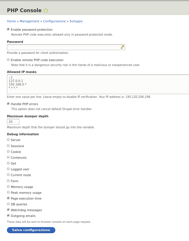 pagina di configurazione di php console 